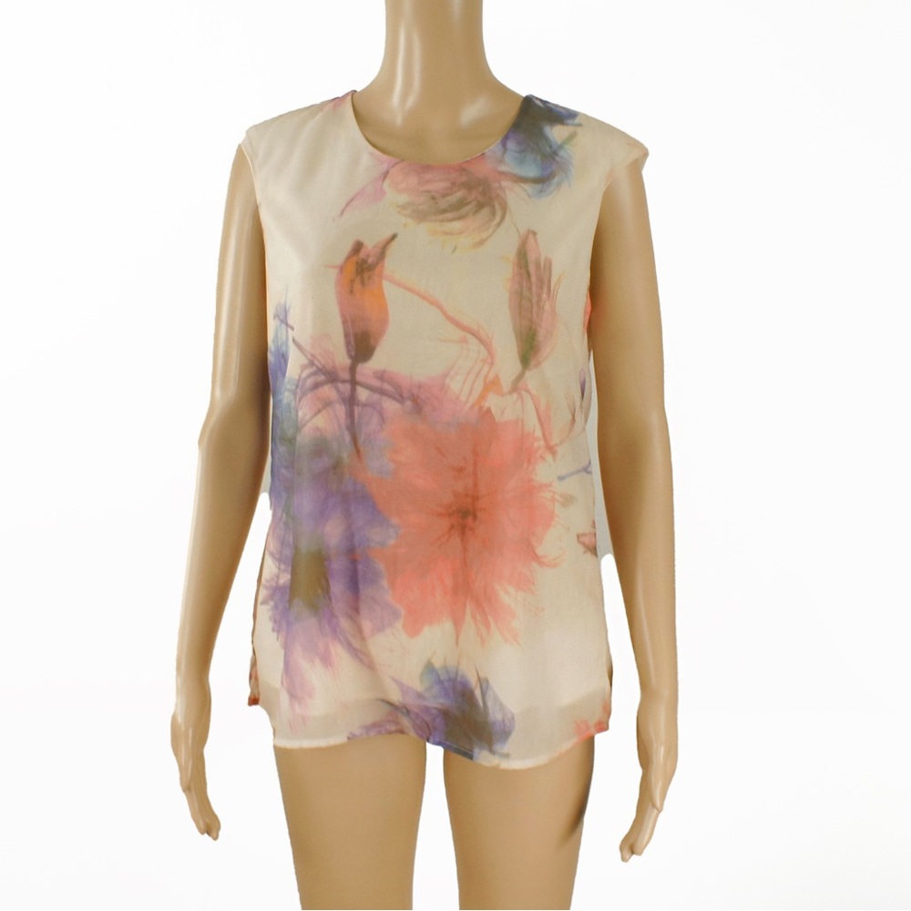 Vintage Y2k 2000s Cream Abstract Floral Sheer Layered Lined Sleeveless Top